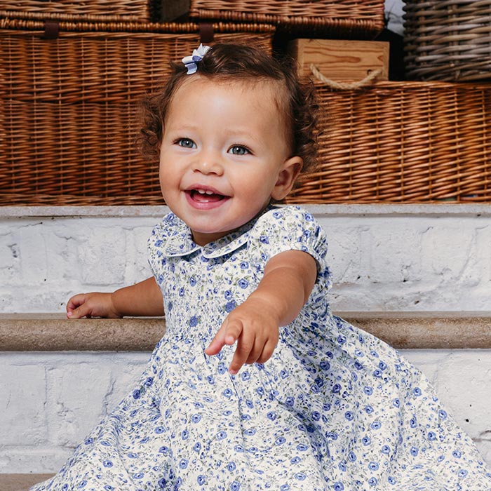 Beautiful Flowers Adorned Marine Blue Organza Dress | Baby girl frock  design, Cotton frocks for kids, Blue baby dress
